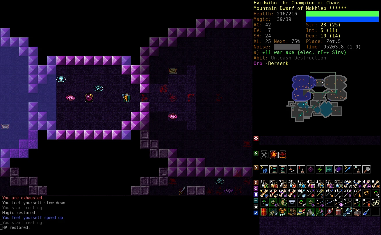 A screenshot of Dungeon Crawl Stone Soup featuring my character, Mountain Dwarf of Makhleb, in the Orb chamber in the Realm of Zot. There's an uncleared area to the West.