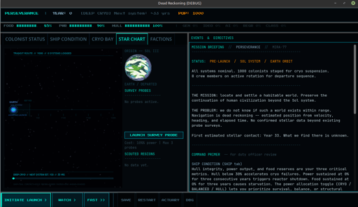 Terminal UI screenshot from Dead Reckoning showing the star chart, mission briefing, and drift meters at launch