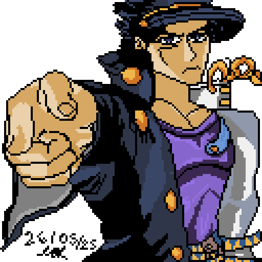 A half body pixelart of Jotaro Kujo from JoJo's Bizzarre Adventure. He is doing his signiature pose where he points directly at the camera. 