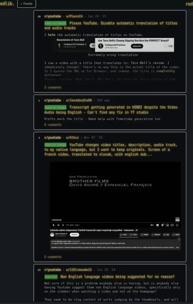 screenshot of Reddit (via redlib.nadeko.net) search of r/YouTube auto translation complaints