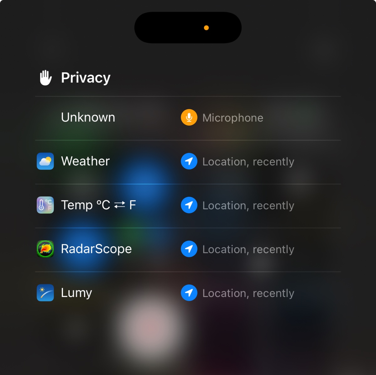 A screenshot of the iOS Control Center UI showing the microphone active but the source listed as unknown.