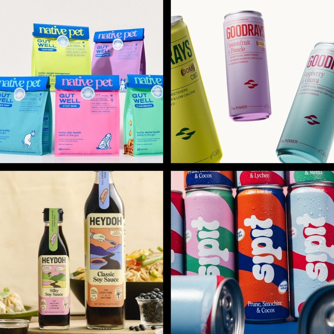 Four panels, each containing an example of very brightly colored, easter-esque packaging design.