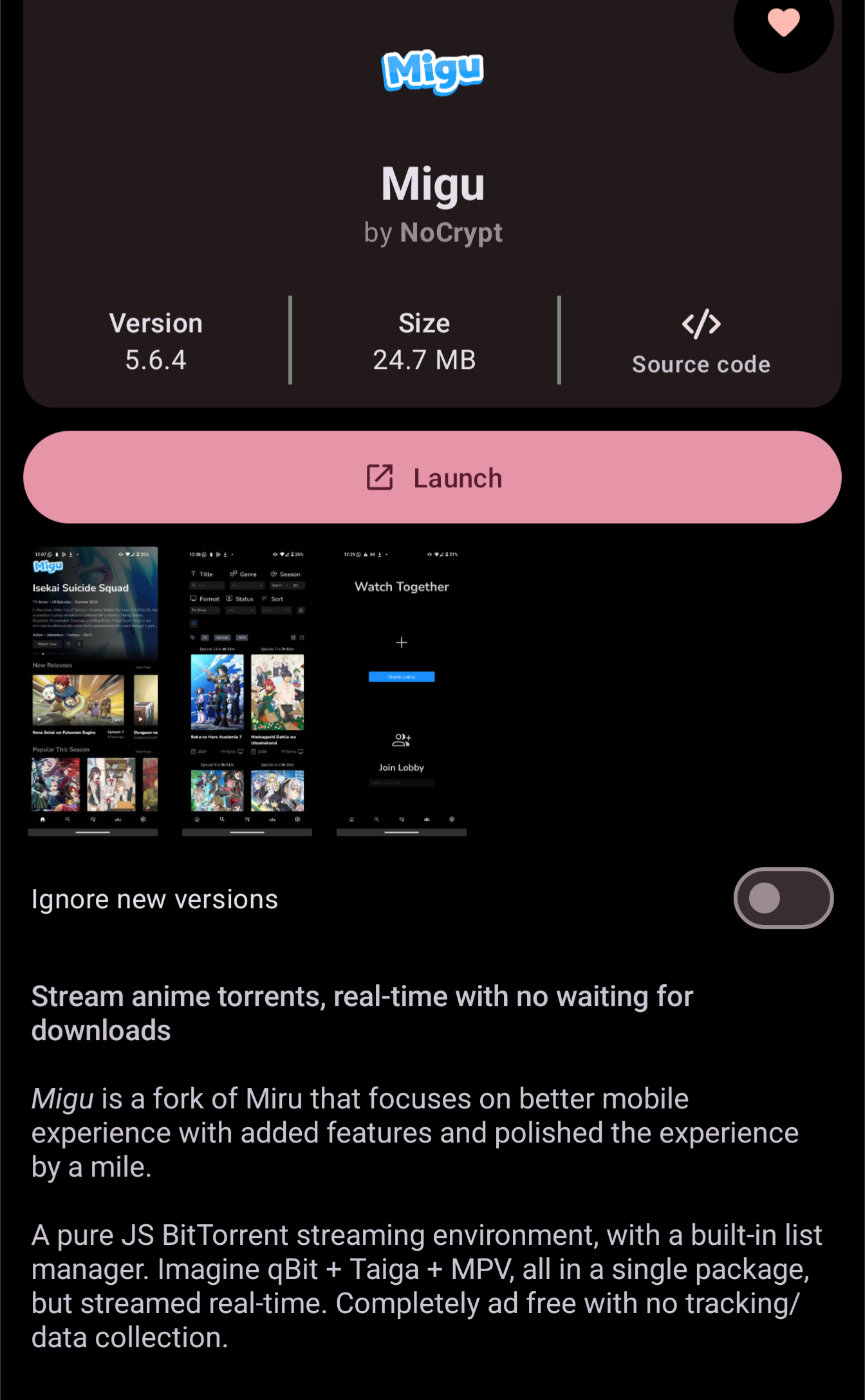 Migu, anime torrent streamer. On Droidify. 