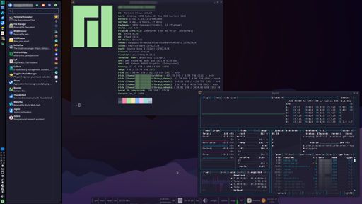 XFCE desktop with alacritty, fastfetch, bpytop and whisker menu.